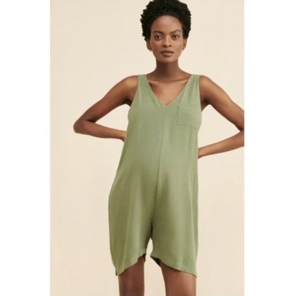 Stowaway Collection Olive Green Maternity Romper Jumpsuit Pockets Size XL